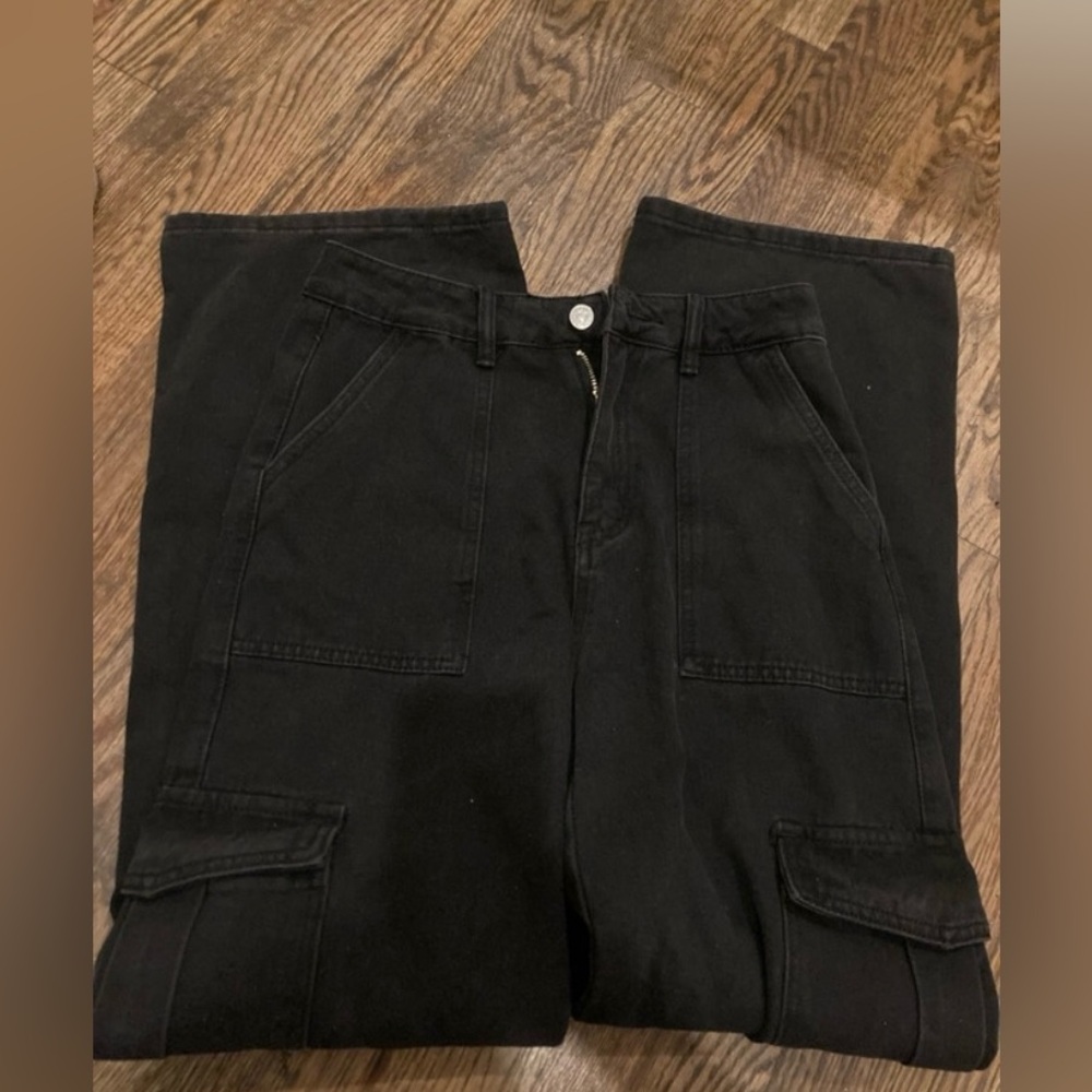Black Denim High Waisted Cargo Pants